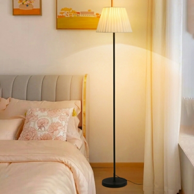Modern Barrel-Shaped Floor Lamp with Beige Fabric Shade and Plug-In Electric Power Source