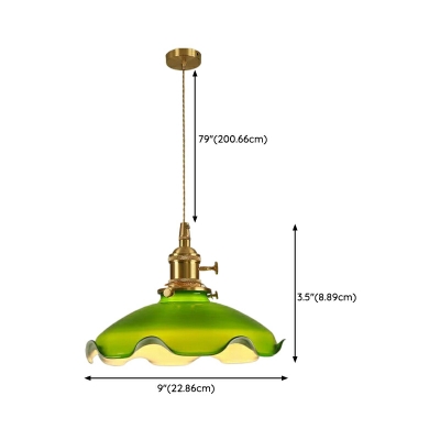 Gold Metal Dome Pendant with Green Glass Shade and Adjustable Hanging Length