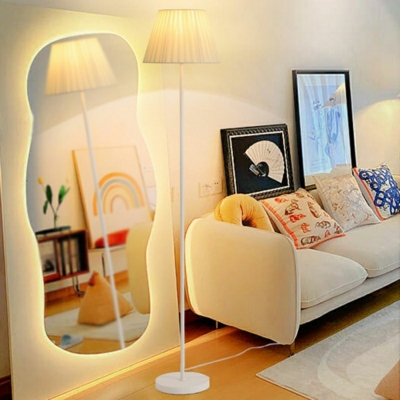 Modern Barrel-Shaped Floor Lamp with Beige Fabric Shade and Plug-In Electric Power Source