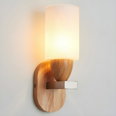 Yellow Wood Cylinder Wall Lamp with Transparent Glass Shade and Rocker Switch