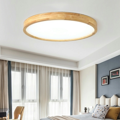 Modern Wood Flush Mount Ceiling Light with White Acrylic Shade - 1 Light, Brown