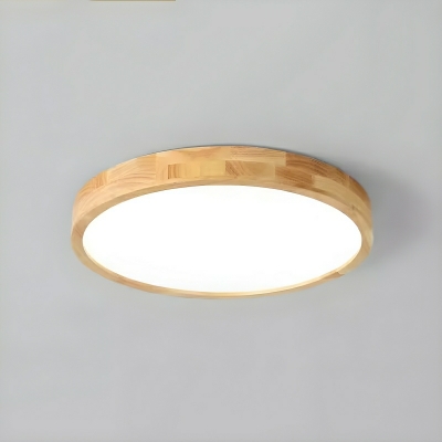 Modern White Flush Mount Cylinder Ceiling Light with Solid Wood Shade