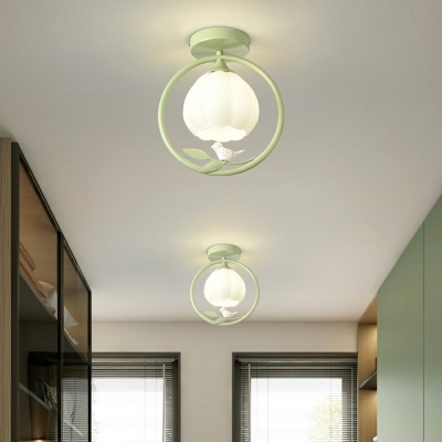 Green Modern Semi-Flush Mount Ceiling Light with White Glass Shade 1 Light for Residential Use