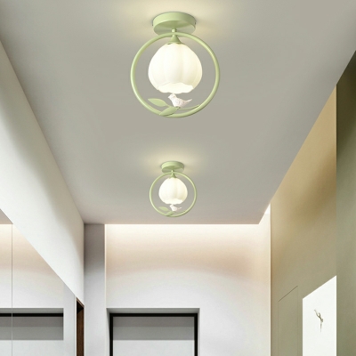 Green Modern Semi-Flush Mount Ceiling Light with White Glass Shade 1 Light for Residential Use