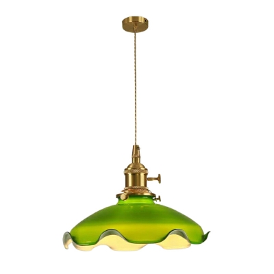 Gold Metal Dome Pendant with Green Glass Shade and Adjustable Hanging Length
