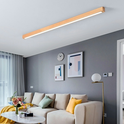 White Linear LED Flush Mount Modern Ceiling Light with Wood Shade