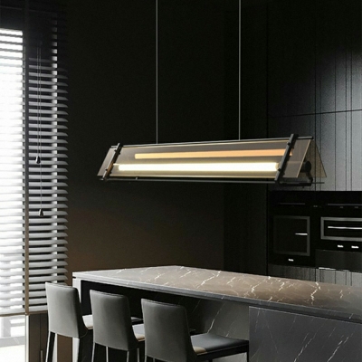 Modern Linear Island Light in Black with Amber Glass Shade, LED Bulbs, and Adjustable Hanging Length
