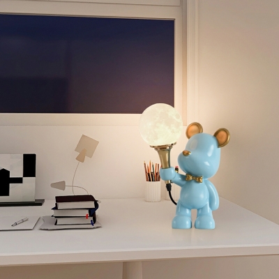 Modern Plug-In Electric Table Lamp with Blue Glass Shade and Unique Design