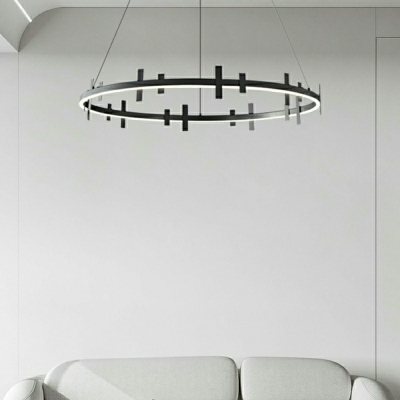 LED Contemporary Pendant Light Round Shape Wrought Iron Chandelier in Black