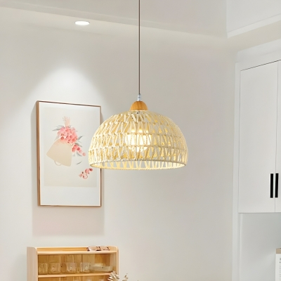 Asian Style Yellow Rattan Pendant Light with Adjustable Hanging Length for Residential Use