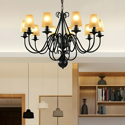 Industrial Metal Wheel Chandelier with Beige Frosted Glass Shades and Adjustable Hanging Length