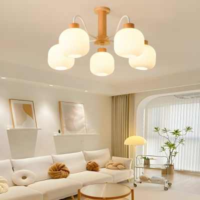 Modern Beige Wood Chandelier with Glass Shades and LED Lighting