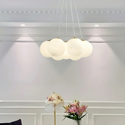 Blissful Glow Modern Chandelier with White Glass Shades and Adjustable Hanging Length in Gold