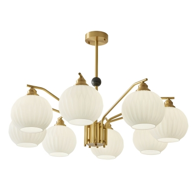 White Globe Chandelier with Ribbed Glass Shade and Adjustable Hanging Length