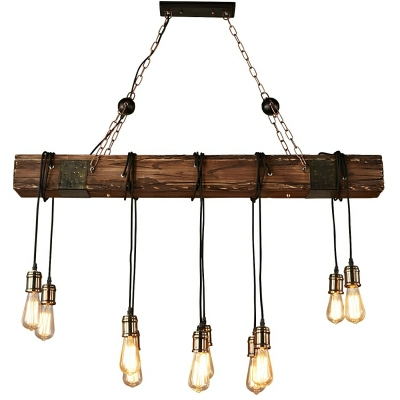 10-Light Industrial Wood Island Light with Adjustable Hanging Length