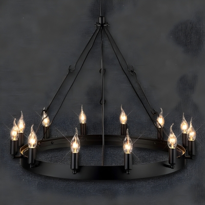 12/18 Lights Circle Chandelier Industrial Black Iron Hanging Lamp Kit with Bare Bulb Design