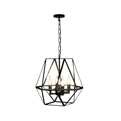 Industrial Black Metal Geometric Chandelier with Clear Glass Shade and Adjustable Hanging Length
