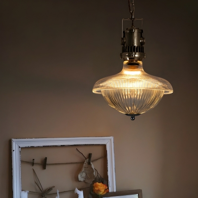 Industrial Schoolhouse Pendant Light with Ribbed Glass Shade and Chain Mounting