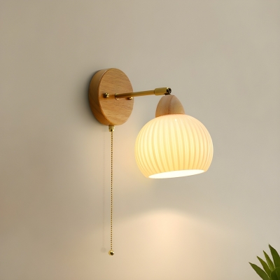 Modern Wood Wall Sconce with Clear Glass Shade, Pull Chain Switch - White