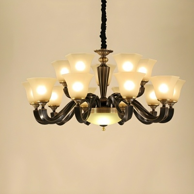 Industrial Black Metal Chandelier with White Glass Shades and Adjustable Hanging Length