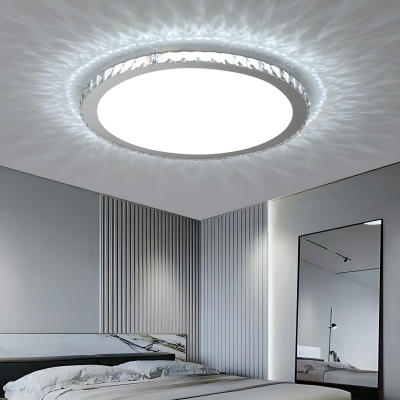White Crystal Circle Flush Mount Close To Ceiling Light with 2 LED Bulbs and Modern Style