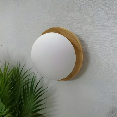 Modern Yellow Wood 1-Light Globe Wall Lamp with Frosted Glass Shade