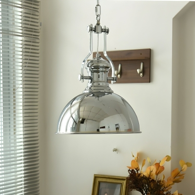 Industrial Chrome Pendant Light with Round Canopy and White Iron Shade