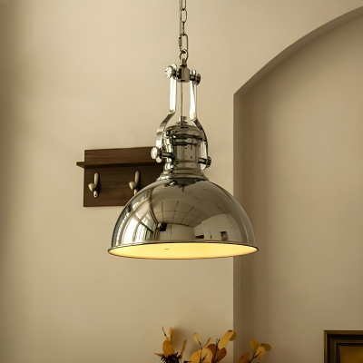 Industrial Chrome Pendant Light with Round Canopy and White Iron Shade