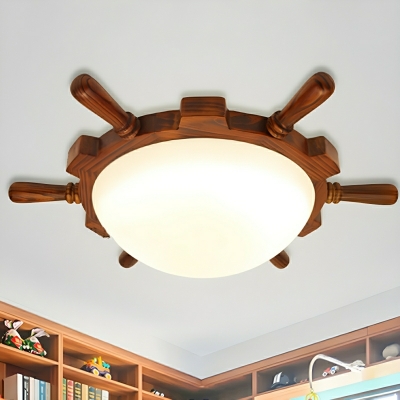 Wooden Circle Flush Mount Ceiling Light with White Glass Shade for Kids Room