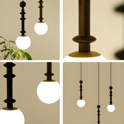 Industrial Wood Pendant Light with Adjustable Hanging Length and White Glass Shade