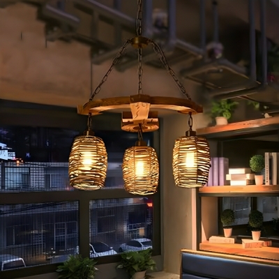 Industrial Wooden Chandelier with Adjustable Hanging Length and Brown Cylinder Shade