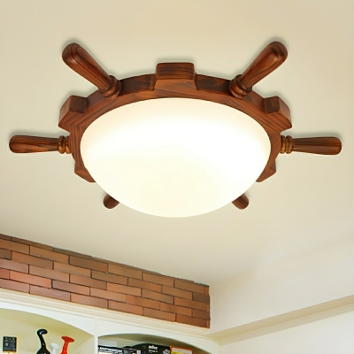 Wooden Circle Flush Mount Ceiling Light with White Glass Shade for Kids Room