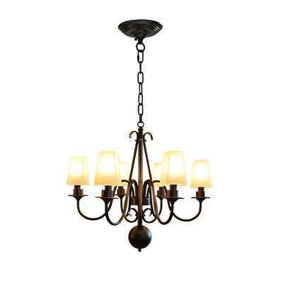 Industrial Metal Wheel Chandelier with Beige Frosted Glass Shades and Adjustable Hanging Length