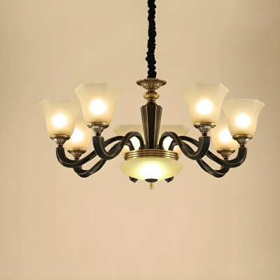 Industrial Black Metal Chandelier with White Glass Shades and Adjustable Hanging Length