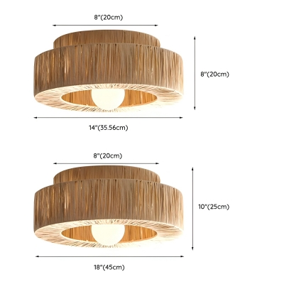 Natural Rattan Asian Style LED Ceiling Flush Mount Light with Wood Shade