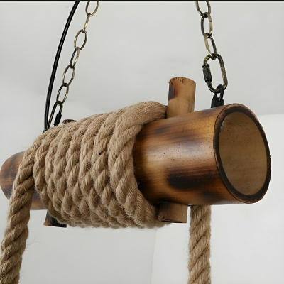 Industrial Wood And Hemp Rope Island Light With 2 Lights and Direct Wired Electric Power Source
