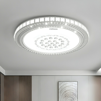 White Circle Flush Mount Ceiling Light with Crystal and Acrylic Shade