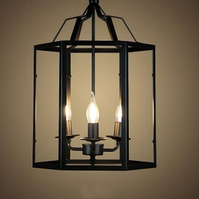 Industrial Black Metal Geometric Chandelier with Clear Glass Shade and Adjustable Hanging Length