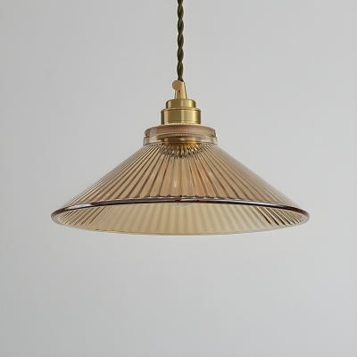 Vintage Brass Pendant Light with Ribbed Glass Shade and Adjustable Hanging Length