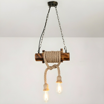 Industrial Wood And Hemp Rope Island Light With 2 Lights and Direct Wired Electric Power Source
