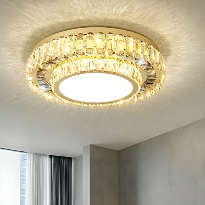 Modern Circle Flush Mount Ceiling Light with Crystal Shade, White, LED Bulbs, 1-Light