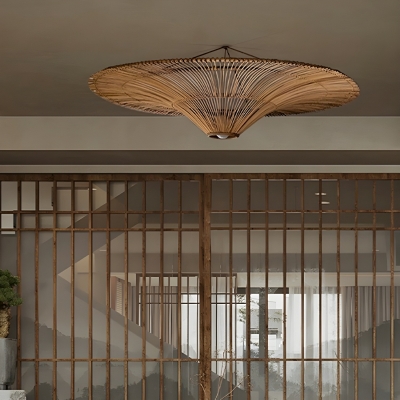 Asian Wood Rattan Flush Mount Ceiling Light Shade, Natural Color, Perfect for Residential Use
