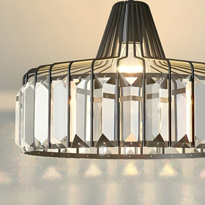 Crystal Cylinder Pendant Light with Round Gold Shade and Adjustable Hanging Length for Modern Style