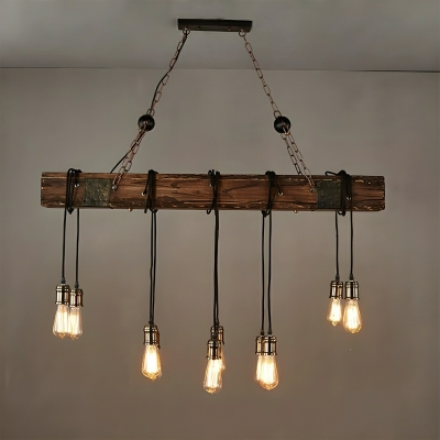 10-Light Industrial Wood Island Light with Adjustable Hanging Length