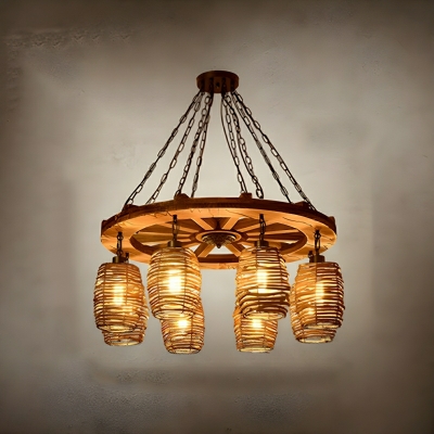 Industrial Wooden Chandelier with Adjustable Hanging Length and Brown Cylinder Shade