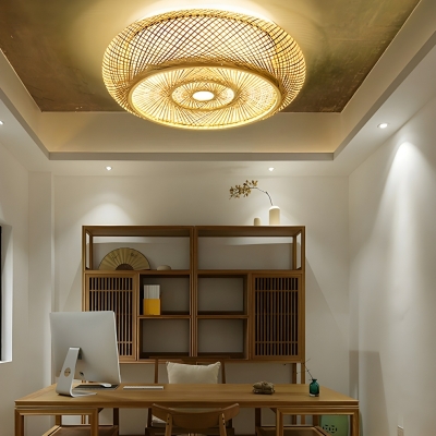 Natural Bamboo Flush Mount Ceiling Light with Bamboo Shade - Ideal for Residential Use