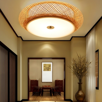 Natural Bamboo Flush Mount Ceiling Light with Bamboo Shade - Ideal for Residential Use