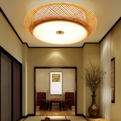 Asian Style Bamboo Flush Mount Ceiling Light with 3 LEDs for Close to Ceilings, Natural Color