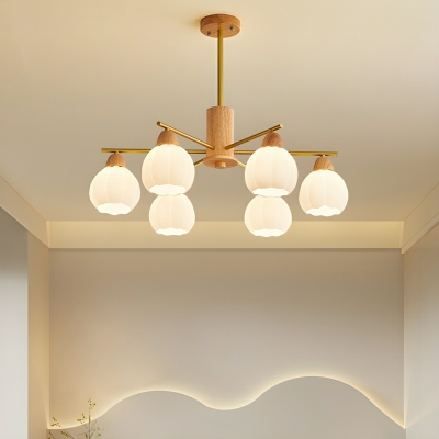 Contemporary White Wood Chandelier with Frosted Glass Shades