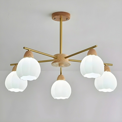 Contemporary White Wood Chandelier with Frosted Glass Shades